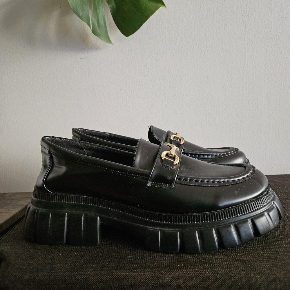 Black Chunky Loafers with Gold Buckle